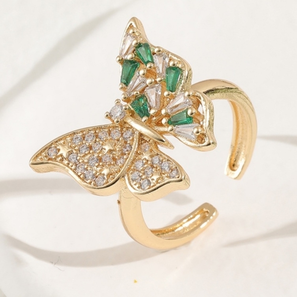 Butterfly Ring Green Zircon & Rhinestones Gold Tone Adjustable Band - Picture 9 of 10